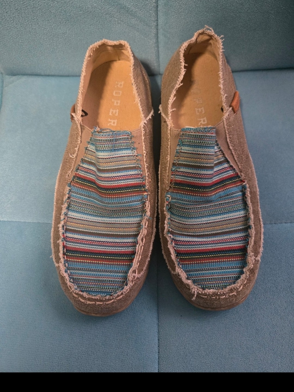 Roper Women’s Tan Slip-On Loafers with Blue Multi-Stripe Upper